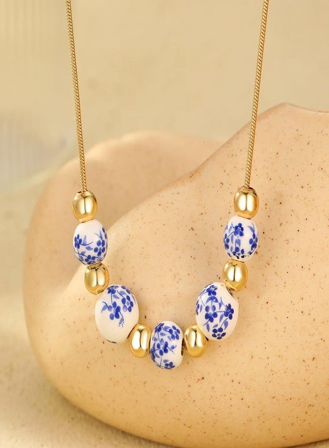 sunglnl Blue And White Necklace For Women, 14k Gold-Plated Chain And Ceramic Beads Blue Floral Pattern Vintage Chinese Minimalism Style Jewelry Gift (blue) - Image 3